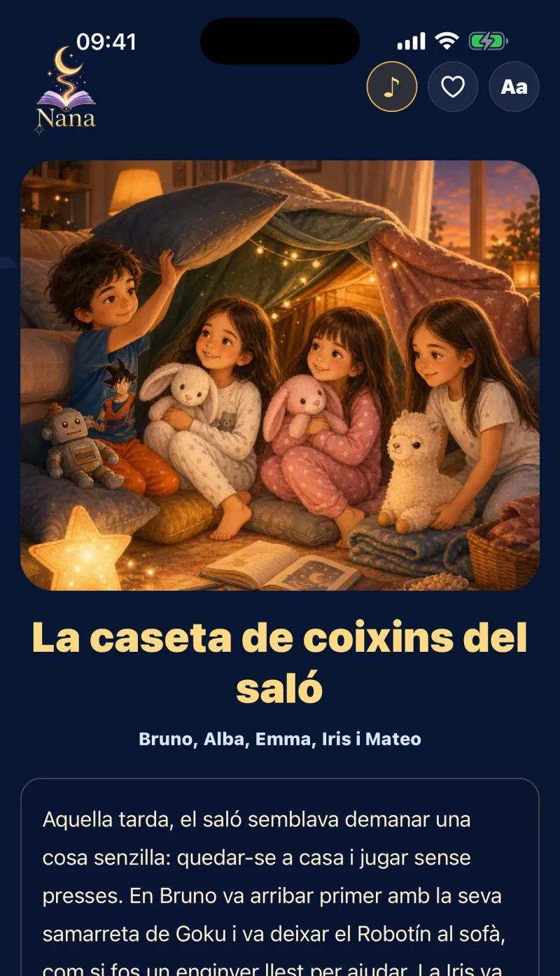 Un conte obert a Nana Cuentos, amb la portada il·lustrada i el text personalitzat