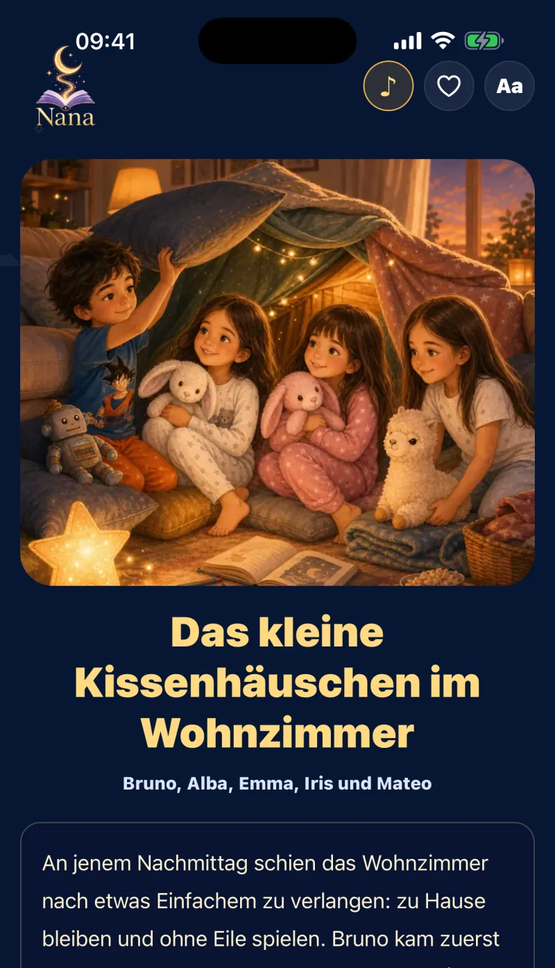 Eine geöffnete Geschichte in Nana Cuentos mit illustriertem Cover und persönlichem Text