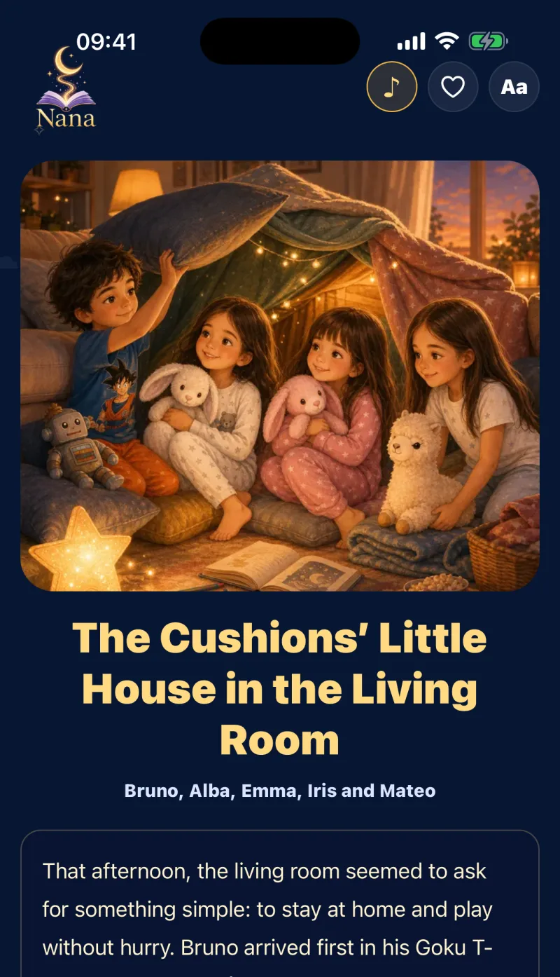 A story open in Nana Cuentos, with its illustrated cover and personalised text