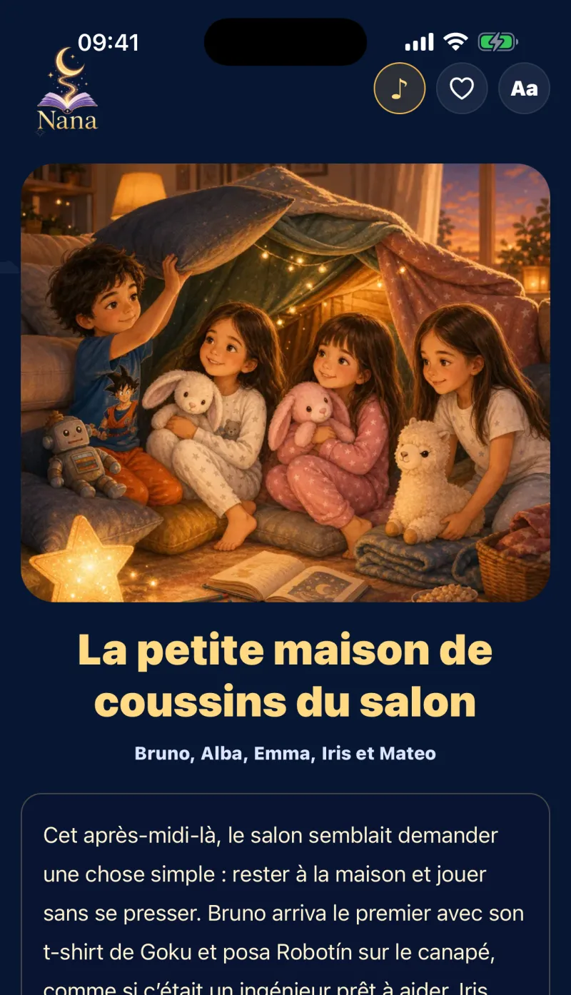 Une histoire ouverte dans Nana Cuentos, avec sa couverture illustrée et son texte personnalisé