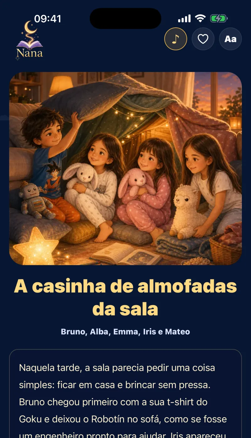 Uma história aberta no Nana Cuentos, com a capa ilustrada e o texto personalizado