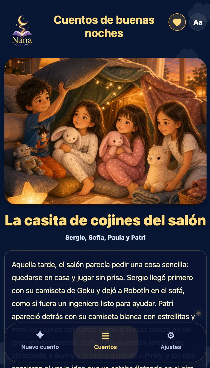 Cuento real personalizado La casita de cojines del salón en Nana Cuentos